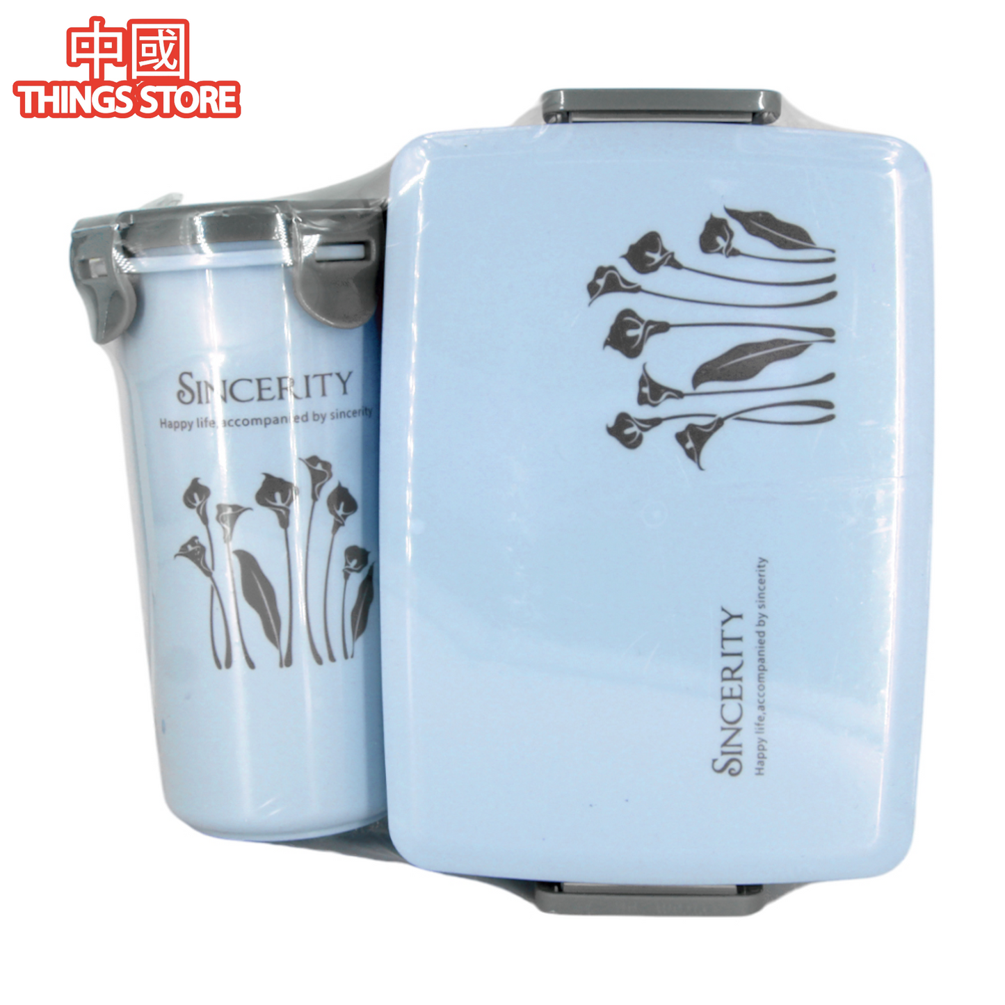 Juego tupper rectangular + vaso con tapadera con diseño de flores