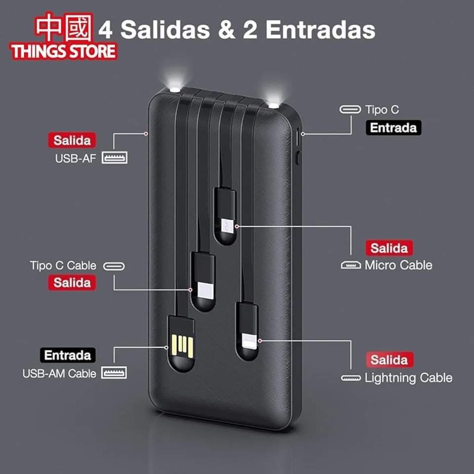 Bateria portátil con cables 10000 MAH