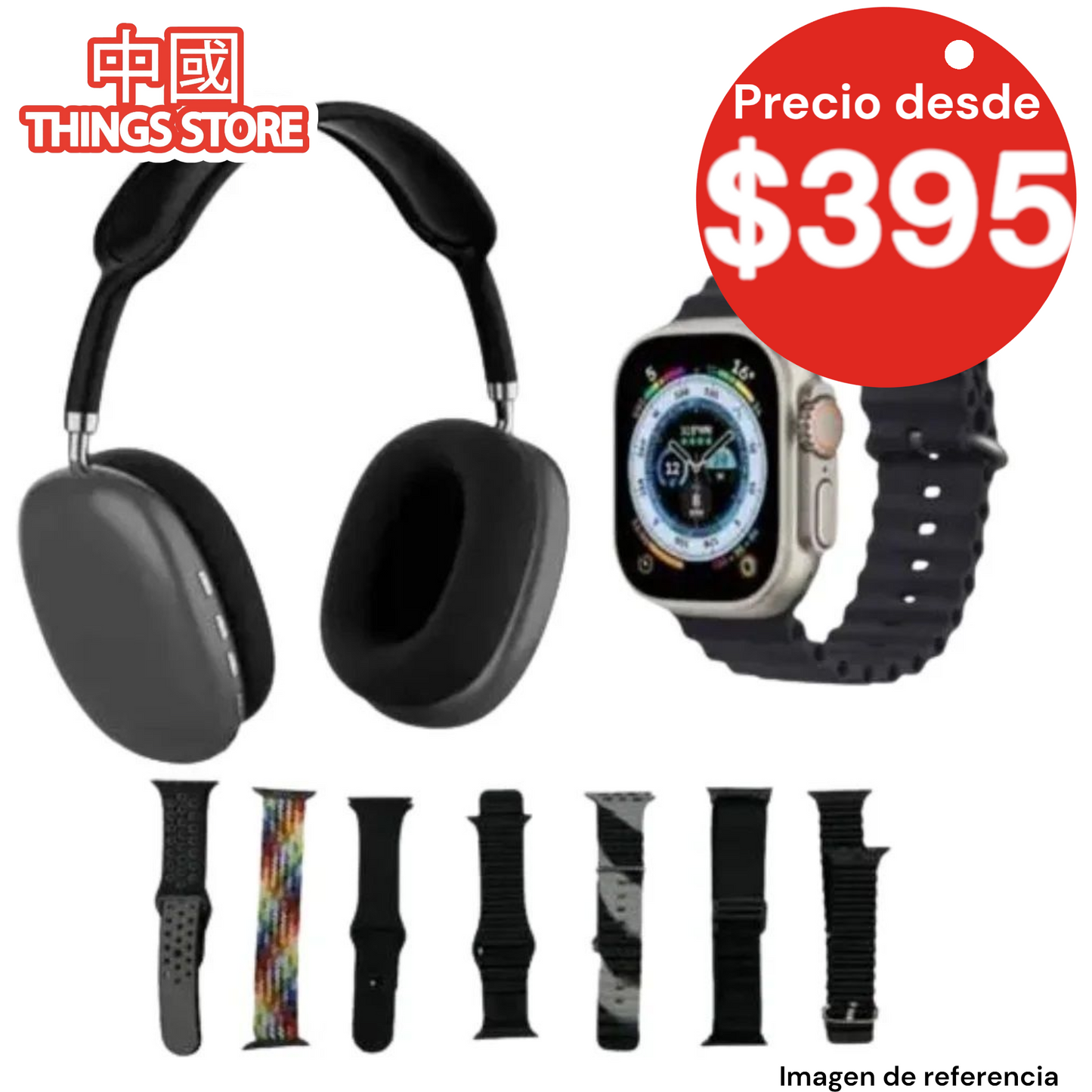 Audífonos + smart watch + 7 correas