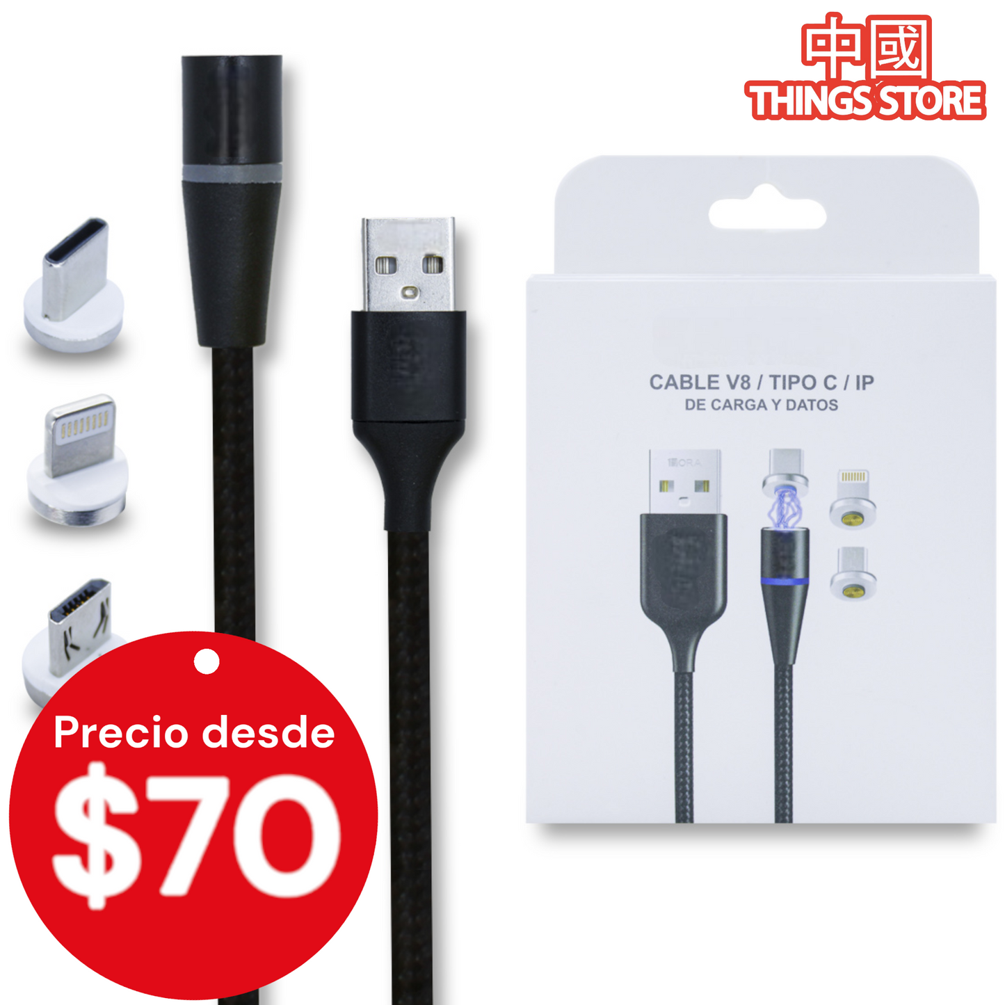 Cable V8 / Tipo C / IP de carga y datos