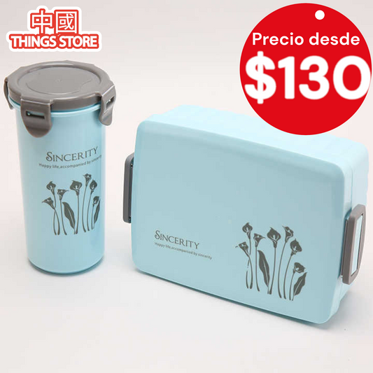 Juego tupper rectangular + vaso con tapadera con diseño de flores