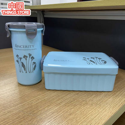 Juego tupper rectangular + vaso con tapadera con diseño de flores