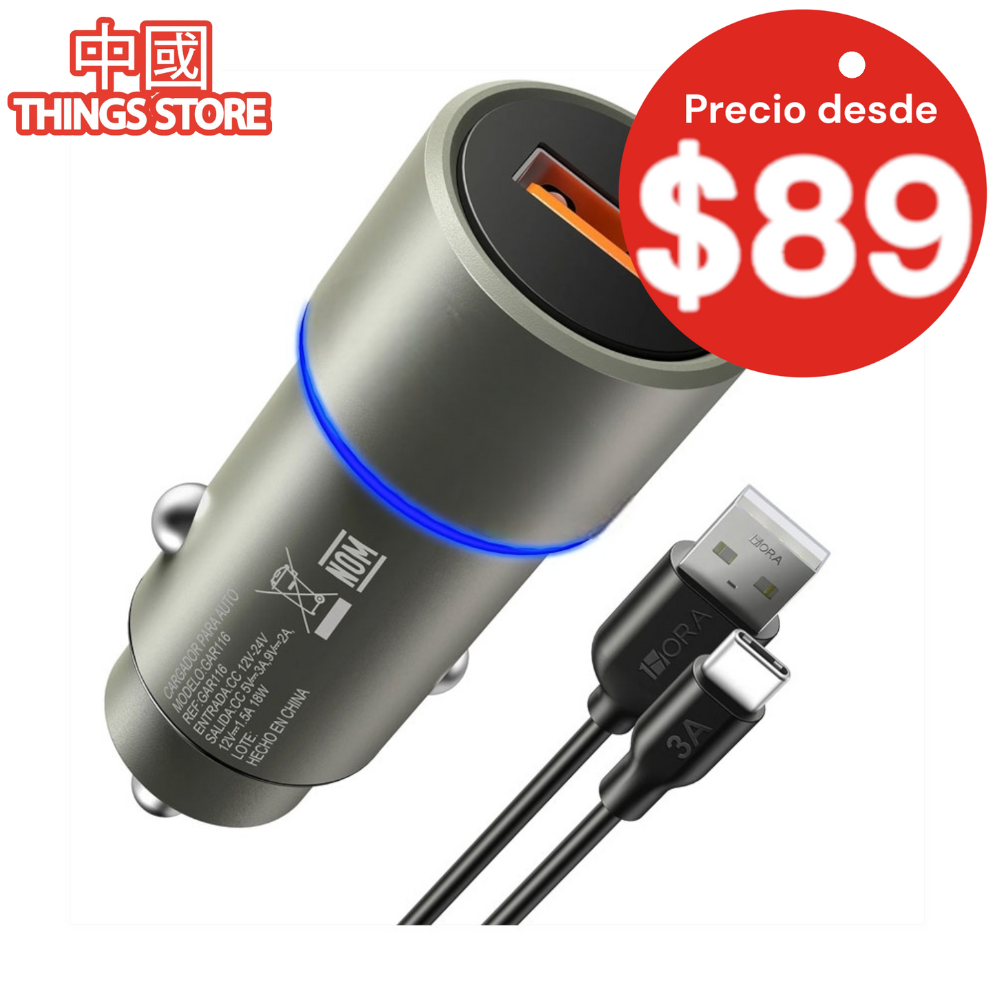 Combo cargador para auto de USB a tipo C