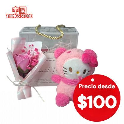 Caja con peluche y flores