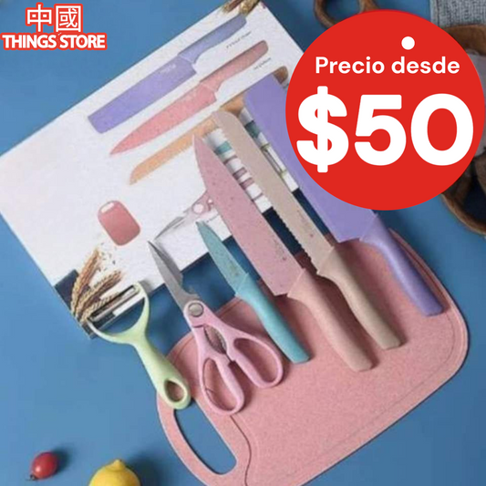 Set de cuchillos con tabla color pastel